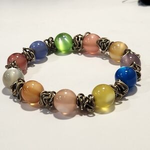 ​Multicolor Cat's Eye Bead Bracelet with Antique Brass Chainmaille Spacers - Boh